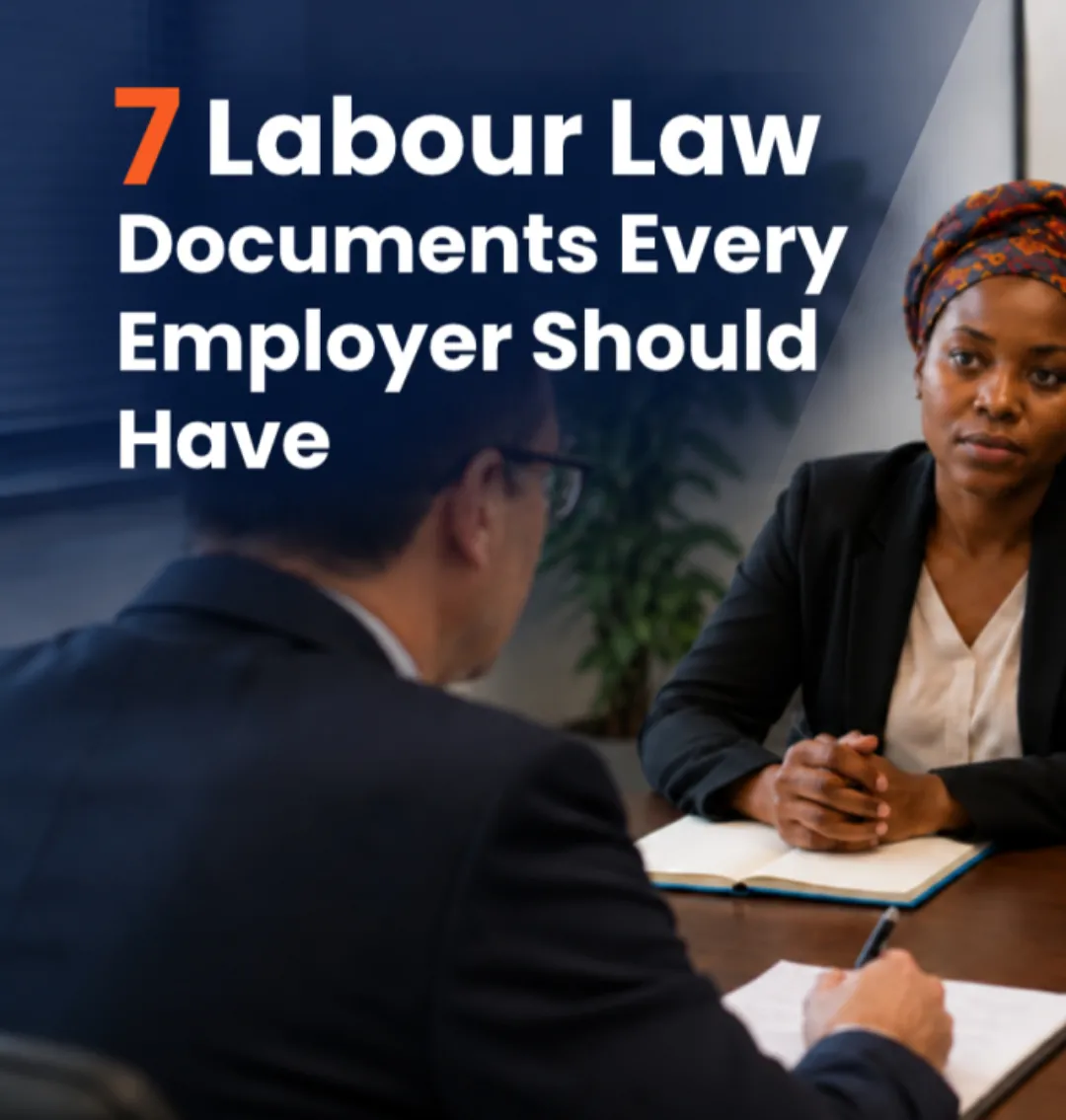 Promotional graphic titled "7 Labour Law Documents Every Employer Should Have" featuring business professionals in a boardroom meeting reviewing HR contracts and legal compliance files.