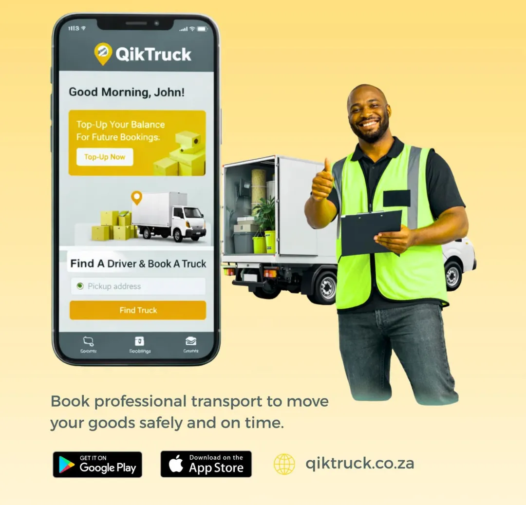 QikTruck mobile app UI interface mockup alongside a smiling driver giving a thumbs-up next to an open delivery truck, illustrating how to hire a bakkie or truck in South Africa.