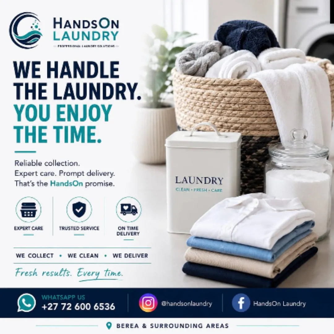 HandsOn Laundry advertisement featuring neatly folded clothes, towels, and laundry supplies with text reading "We Handle the Laundry. You Enjoy the Time." servicing Berea and surrounding Durban areas.