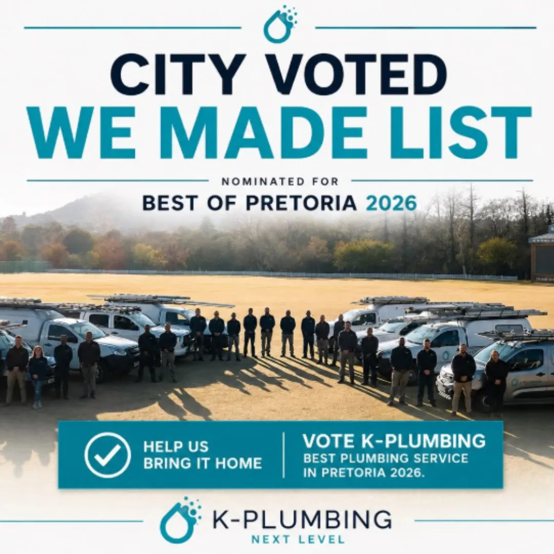 K-Plumbing team members standing with their entire fleet of service vans in Pretoria, with graphic text reading Nominated for Best of Pretoria 2026 Best Plumbing Service.